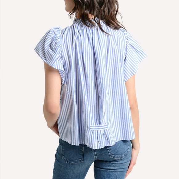 Trovata Birds of Paradise Carla High Neck Blouse Blue White Striped Top XS - Picture 2 of 15